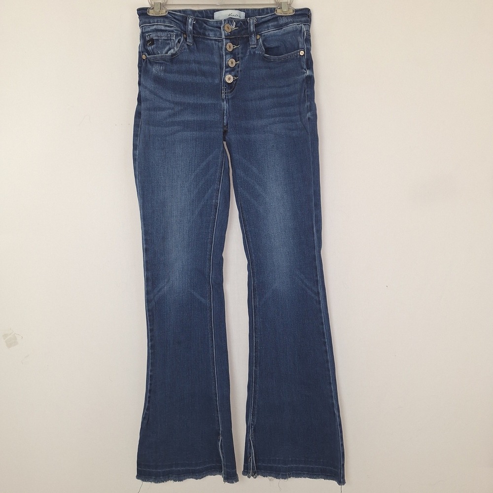 Y2K Retro Boho Bohemian Denim Jeans Flare Raw Hem Kancan Size 7/27 High Rise